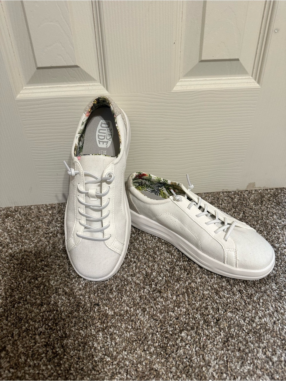 Hey Dude Coconut White Canvas Sneakers with Green Floral Lining